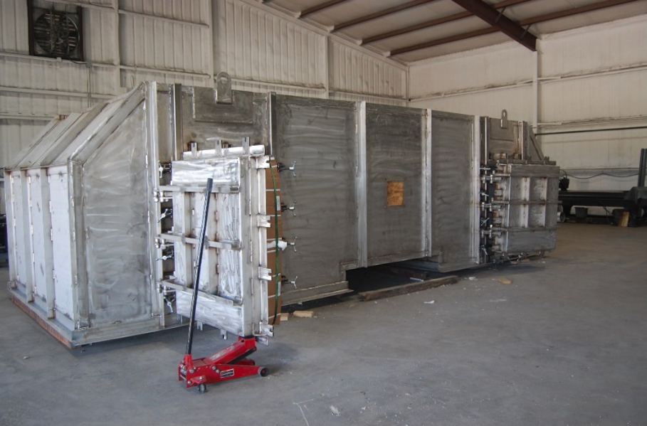 Thermal oxidizer chamber sections in the fabrication shop before final assembly